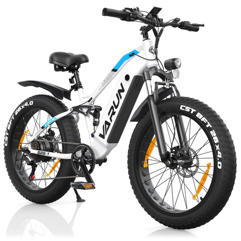 Fat Tire E-Mountainbike Pedelec Vollgefedertes All-Terrain-Elektrofahrrad 90 Nm abnehmbarer Akku große Reichweite – Varun Ballistic-White 26'' E-Bike