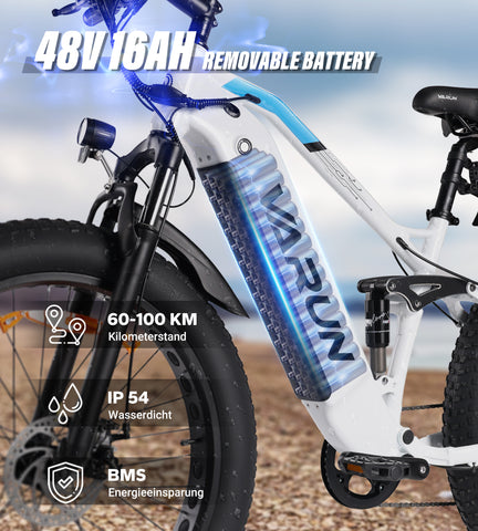 Fat Tire E-Mountainbike Pedelec Vollgefedertes All-Terrain-Elektrofahrrad 90 Nm abnehmbarer Akku große Reichweite – Varun Ballistic-White 26'' E-Bike