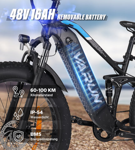 Fat Tire E-Mountainbike Pedelec Vollgefedertes All-Terrain-Elektrofahrrad 90 Nm abnehmbarer Akku große Reichweite – Varun Ballistic 26'' E-Bike