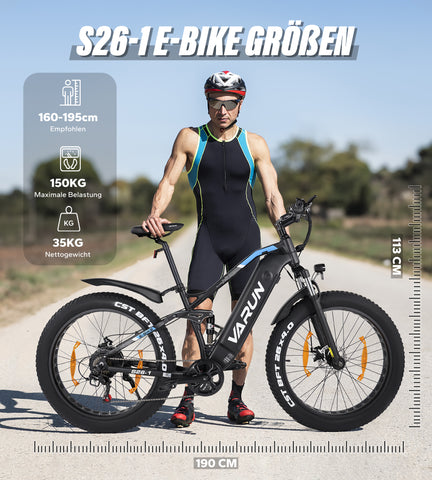 Fat Tire E-Mountainbike Pedelec Vollgefedertes All-Terrain-Elektrofahrrad 90 Nm abnehmbarer Akku große Reichweite – Varun Ballistic 26'' E-Bike