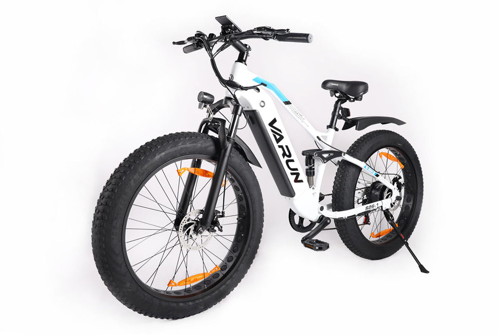Fat Tire E-Mountainbike Pedelec Vollgefedertes All-Terrain-Elektrofahrrad 90 Nm abnehmbarer Akku große Reichweite – Varun Ballistic-White 26'' E-Bike